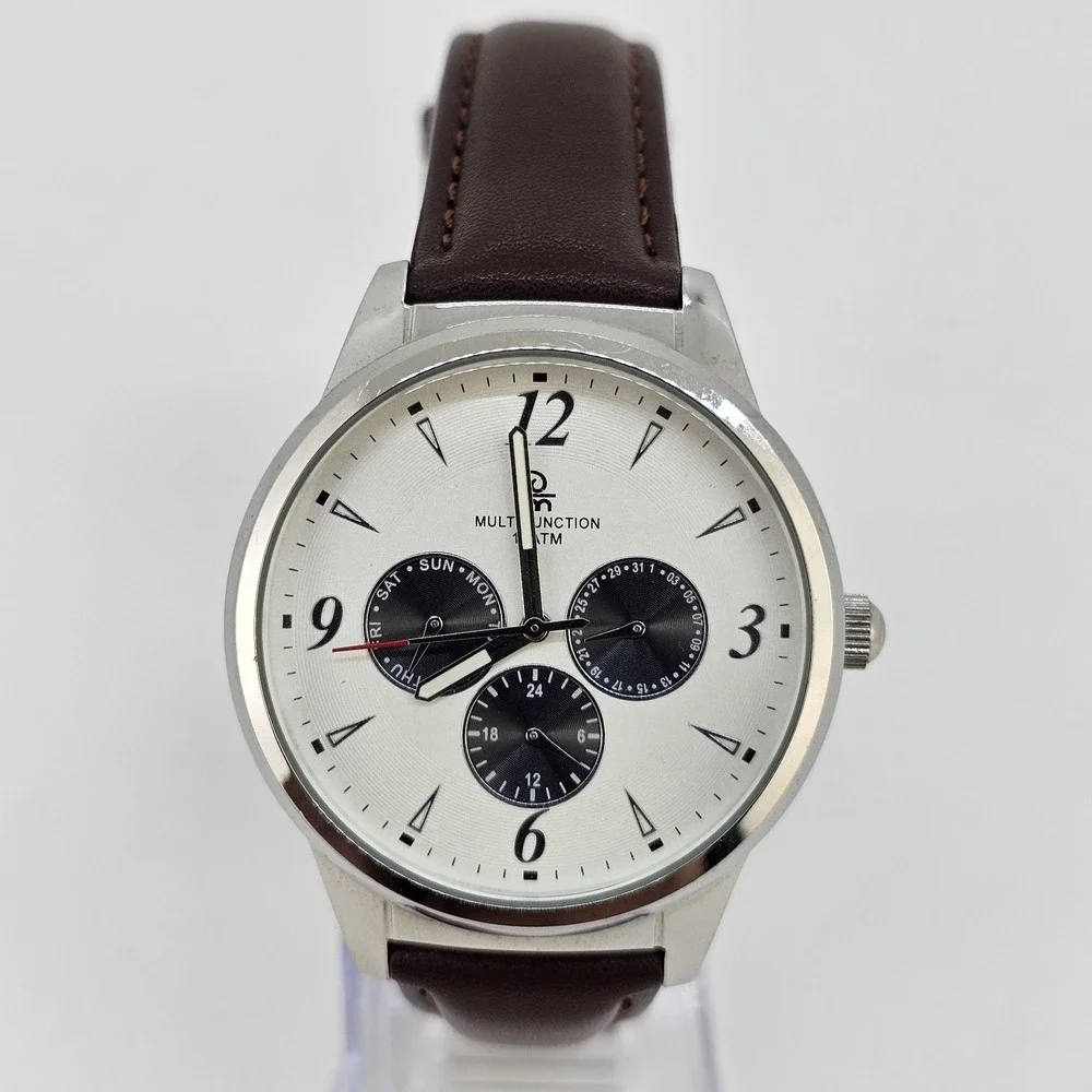 Men's Watch 40MM White Dial Day Date New Brown Leather Bands New Battery